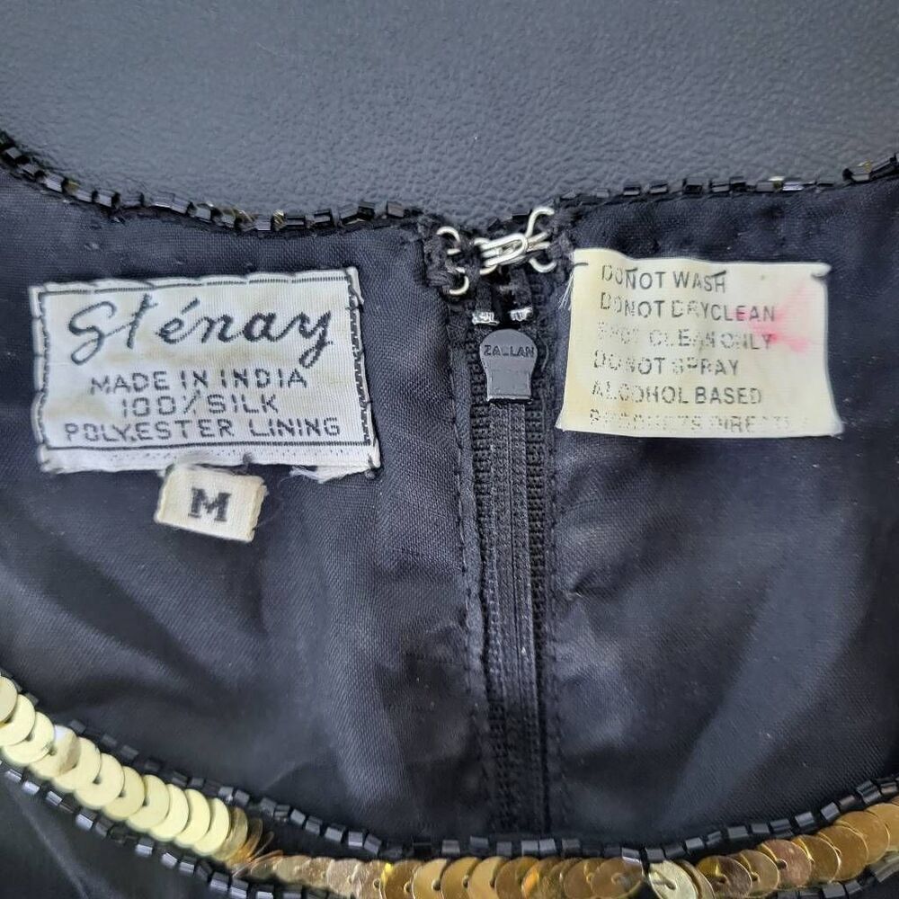 VTG Stenay Womens Silk Sequin Top Size Medium Black Gold Floral Beaded Swiftie - Picture 5 of 7